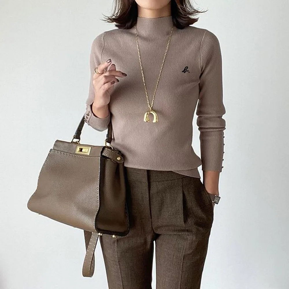 

Office Lady Elegant Autumn Winter Women's Sweater Plain Khaki Turtleneck Simple Knitwear Slim Basic Top Fashion Female Clothing