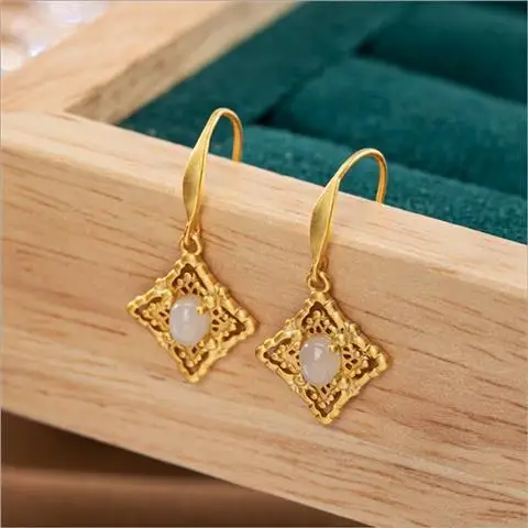 

Palace Style Hetian Jade Hollow Geometric Earrings Sterling Silver Gilding White Jade Gray Jade Exquisite Earrings Fashion Gold