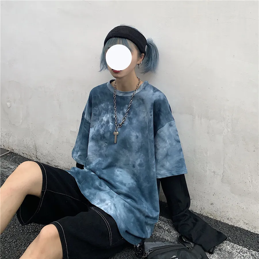 Harajuku уличная женская футболка с галстуком-красителем Корейская Tumblr Поддельные 2