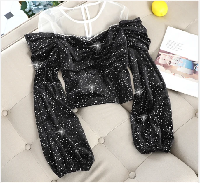 

Women Feminine Ruched Design Patchwork Mesh Velvet Lantern Sleeve Top Polka Dots Velvet Top