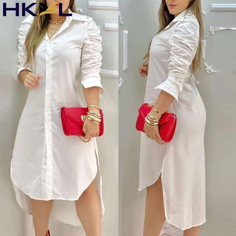 

Pleated High-low Cut Long Shirt Dress Women Turn Down Collar Casual Dress