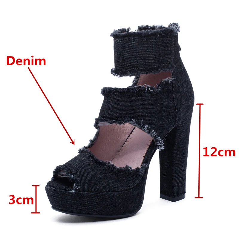

GXCMHBWJ Spring Summer Fashion Woman Jeans Sandals Back Zip High Heels Platform Lady Boots Sexy Peep Toe Denim Women's Shoes