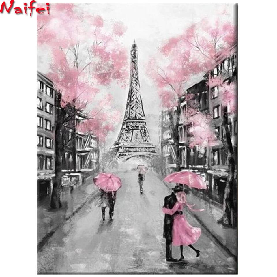 5D Diy Алмазная картина розовый зонтик дождливый день пейзаж свадебное украшение