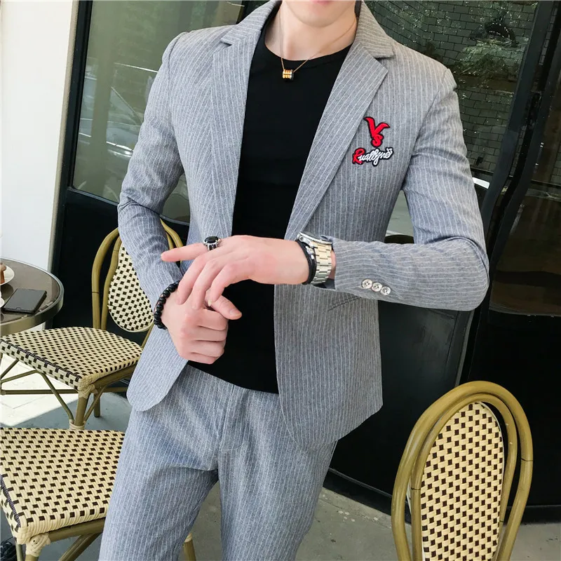 2019 autumn men's single button business casual suits Men's fashion embroidery letter suit two-piece blazer + pants | Мужская
