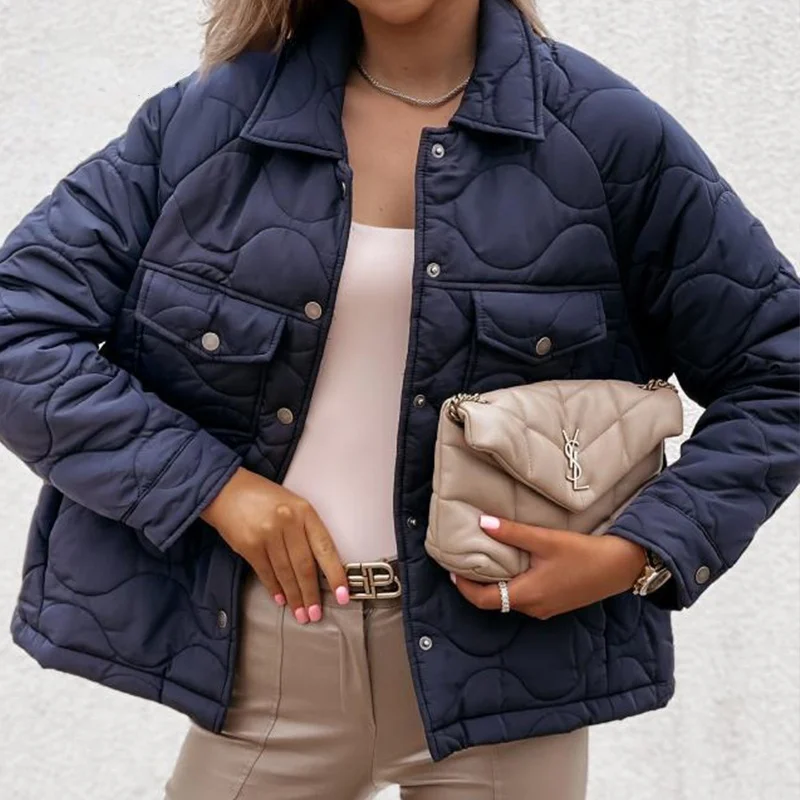 Casual Lady Quilted Coats Jeacket Womens White Black Button Office Pocket Geometric Printed Women Parka Winter Loose Lapel Coat
