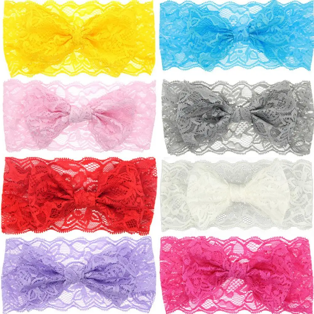 Ажурные кружевные повязки на голову для девочек цветные банты ручной работы