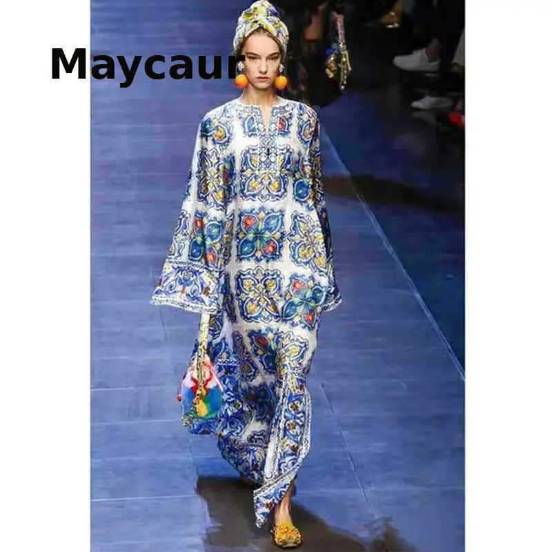 

Женское богемное пляжное платье, Европейское и американское сине-белое вечернее платье с фарфоровым узором, платье с принтом Amazon