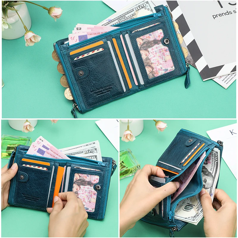 Contact's Genuine Leather Wallet Women Coin Pocket Double Zipper Card Holder Money Bags Fashion Ladies Small Purses Mini Wallet images - 4