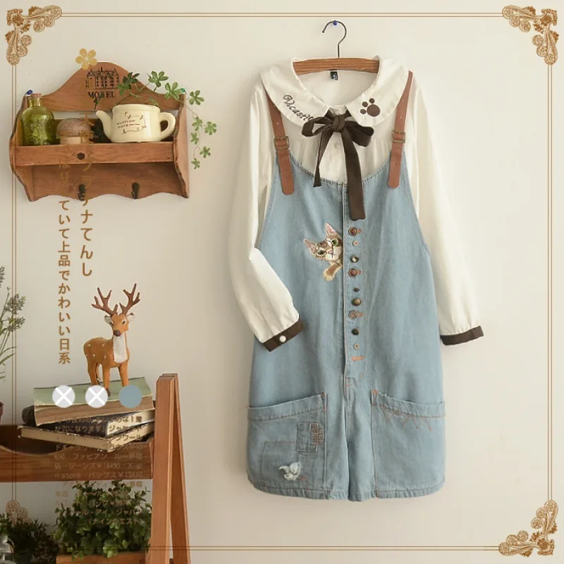 Японский Мори девушка мультфильм Кот Вышивка джинсовые комбинезоны для женщин