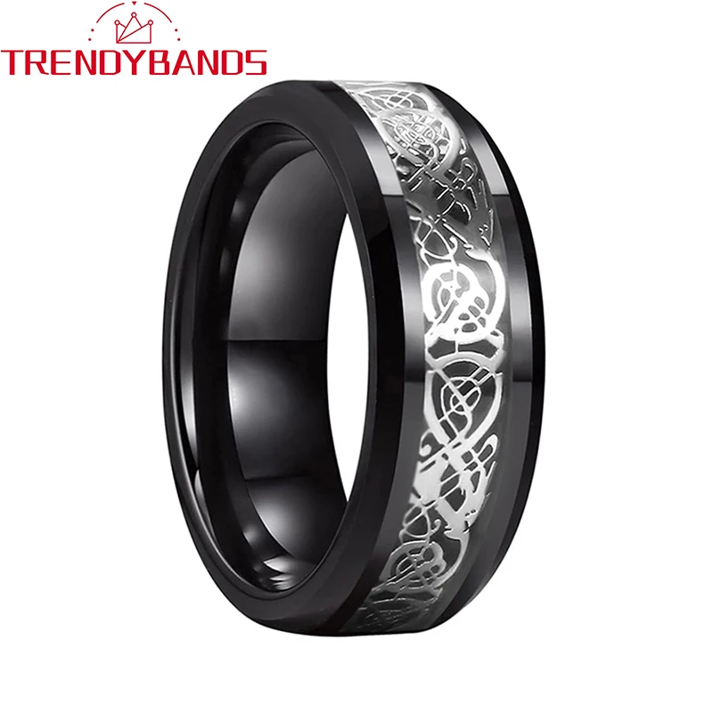 

Black 8mm Dragon Inlay Tungsten Carbide Rings Wedding Bands For Men Women Beveled Edges Polished Shiny Comfrot Fit