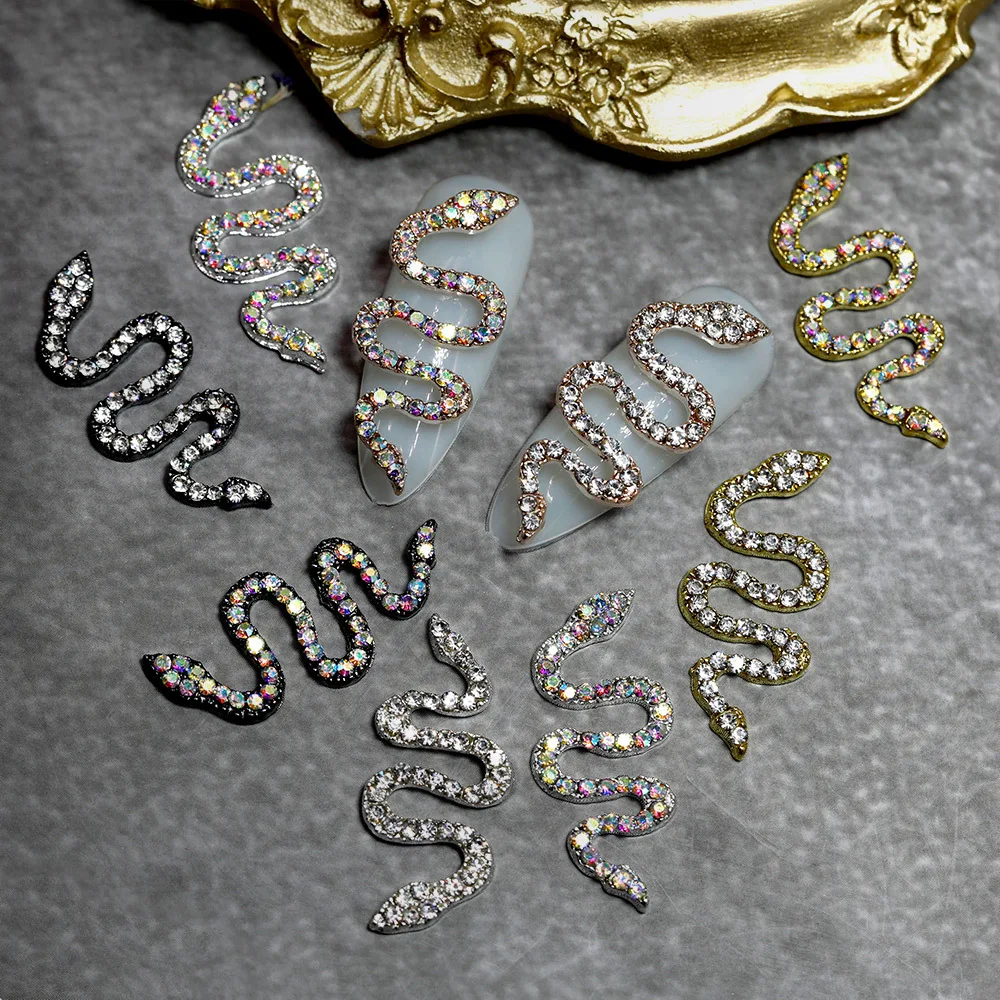 

2Pcs/5Pcs DIY Snake Nail Art Charms With Zircon Glod/Sliver Retro Alloy Snake Wave Crystal Rhinestones For Nails Art Decorations