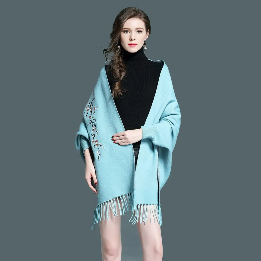 

Autumn/Winter Knitted Cardigan Sweater Bat Sleeve Cape Embroidered Double-sided Shawl Women Elegant Fashion Scarf Stylish Coaks