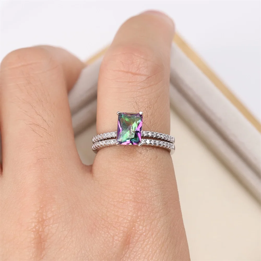 

Fashion S925 Sterling Silver Rectangle Diamond Ring Simple Personality Couple Two-in-One Set Ring Female Romantic Jewelry Gift