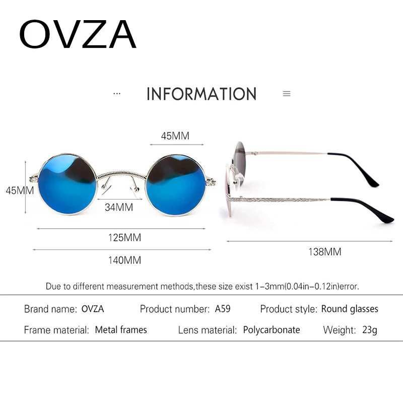 OVZA панк круглые мужские солнцезащитные очки UV400 крутые готические солнцезащитные очки для Wo мужчин s металлическая оправа маленькие круглые очки Мода A59