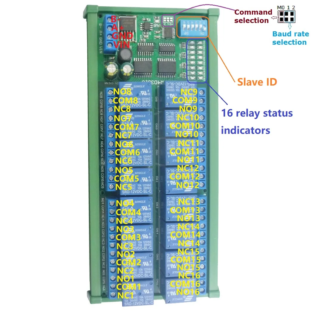 12 В постоянного тока DIN35 C45 16 каналов RS485 модуль реле Modbus RTU UART плата управления