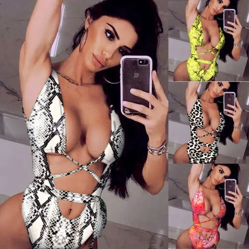 

Womens Sexy High Waist Bandage Bikini Padded Set One Piece Leopard Snake Skin Print Swimwear Beachwear Swimsuit Bathing Suit
