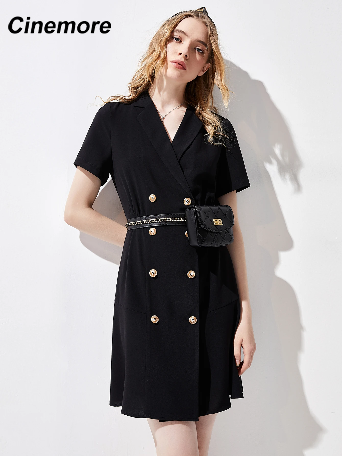

Cinemore Mini Suit Summer Dresses For Women 2022 Sport V Neck Lape Unicolor Double Breasted Black High Waist Suit Dress Q96123