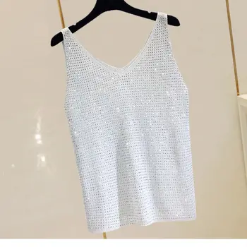Rhinestone Knit Bottoming Shirt Sleeveless Bright Silk Vest Tops for Women 2021 3