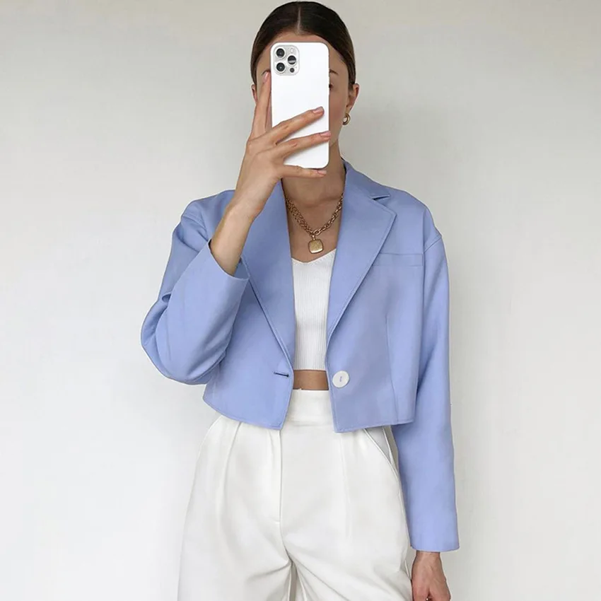 

Новинка осени 2021, кардиган LEXIE ZHANG с длинным рукавом, куртка с V-образным вырезом, голубой Повседневный короткий женский кардиган с воротнико...