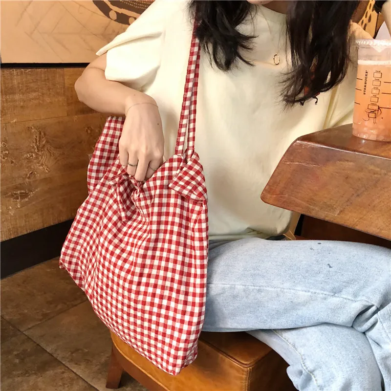 

Fashion Women's Canvas Tote Shoulder Large Shopping Bag Plaid Eco Large Capacity Ladies Purse Pouch Girls Student Book Handbags