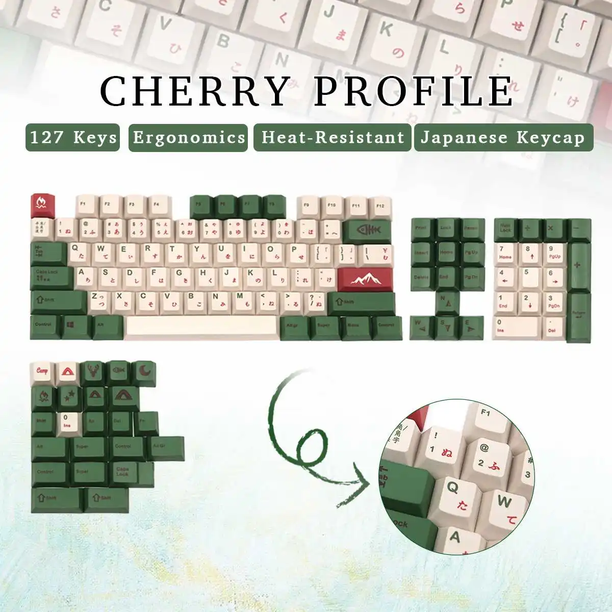 

Набор японских ключей для кемпинга, 127 клавиш, зеленый профиль вишни PBT, пятисторонние сублимационные колпачки ключей для 61-108 клавиш, механи...