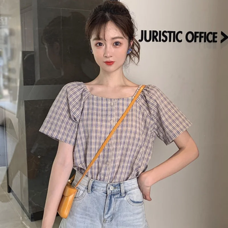 

Jlong Plaid Print Square Collar Blouses Summer Women Slim Vintage Casual Short Sleeve Shirt