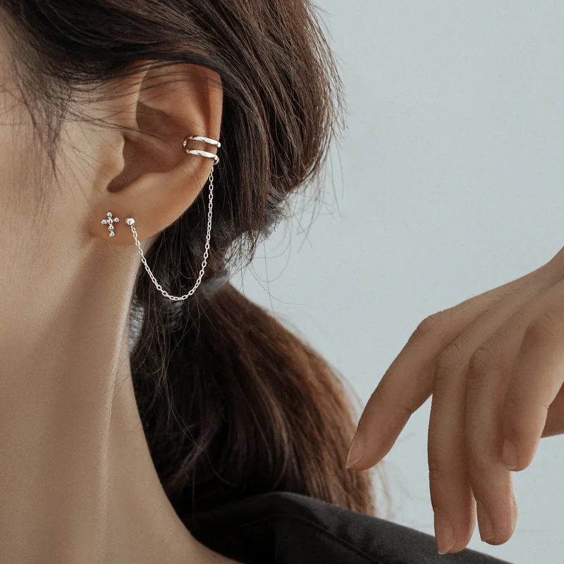 

Personality cold wind line ear bone clip earrings creative design asymmetrical cross earrings