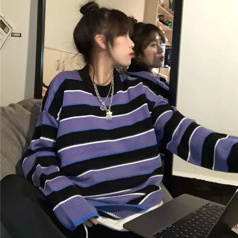 

Женские пуловеры оверсайз в полоску с круглым вырезом, модные вязаные свитера в стиле Харадзюку, универсальная Повседневная Уличная одежда...