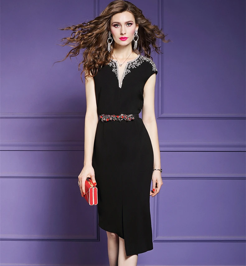Luxury Crystal Beaded Design Summer Dress 2020 Elegant Lady Party Business Dinner Pencil Women Knee-Length Office Dresses | Женская