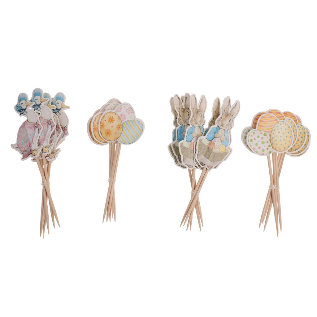 

24pcs/ Set Cute Duck Rabbit Egg Style Cupcake Topper Easter Festival Food Sticks Decor Home Party Accessory