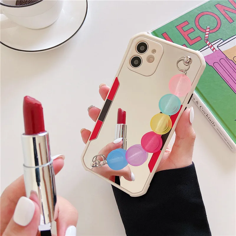 

Protective Cover For iPhone 12 MiNi 11 Pro Max XR XS X SE2 8 7 Plus Smiley Bracelet Wristband Chain Mirror Hard Shell Phone Case