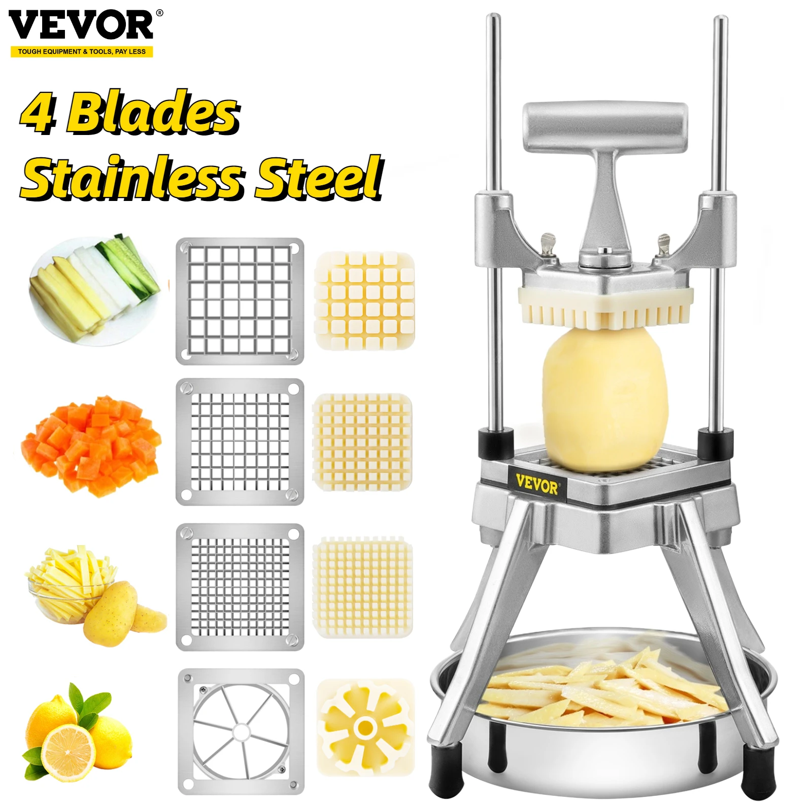 

VEVOR Commercial Vegetable Fruit Chopper Dicer 4 Stainless Steel Blades Manual Onion Tomato Slicer Restaurant French Fry Cutter