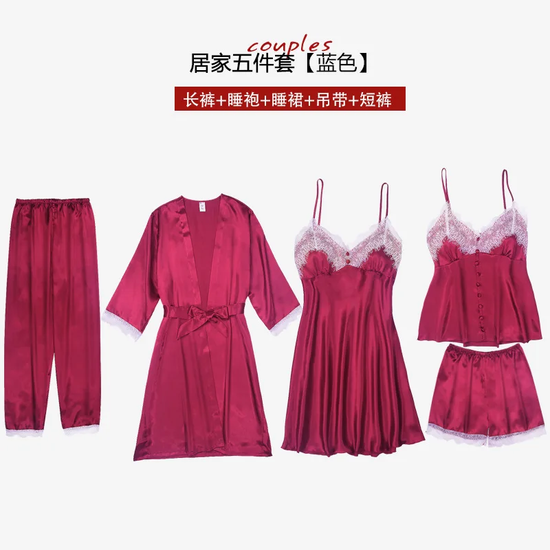 

Summer New Satin white Lace Trim Pijamas 5 PCS Lace Sexy Pajama Set With Chest Pad Nightdress+Pant+Cardigan Set Sleepwear