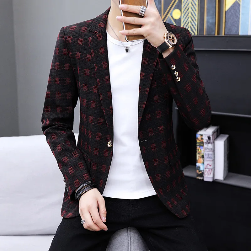 

HOO 2022 Men's Plaid Casual Suit Youth Slim Autumn Plaid blazer