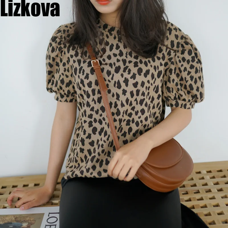 

Lizkova Spring Leopard Print T Shirts Women 2021 Puff Sleeve Vintage Tops Mujer Harajuku O-neck Casual Femme T-shirts TS6637