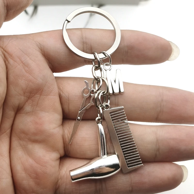 

2021Hair stylist essential hair dryer scissors comb Decorative Keychains Hairdressers Gift Key Rings Hair Dryer letter Keyring