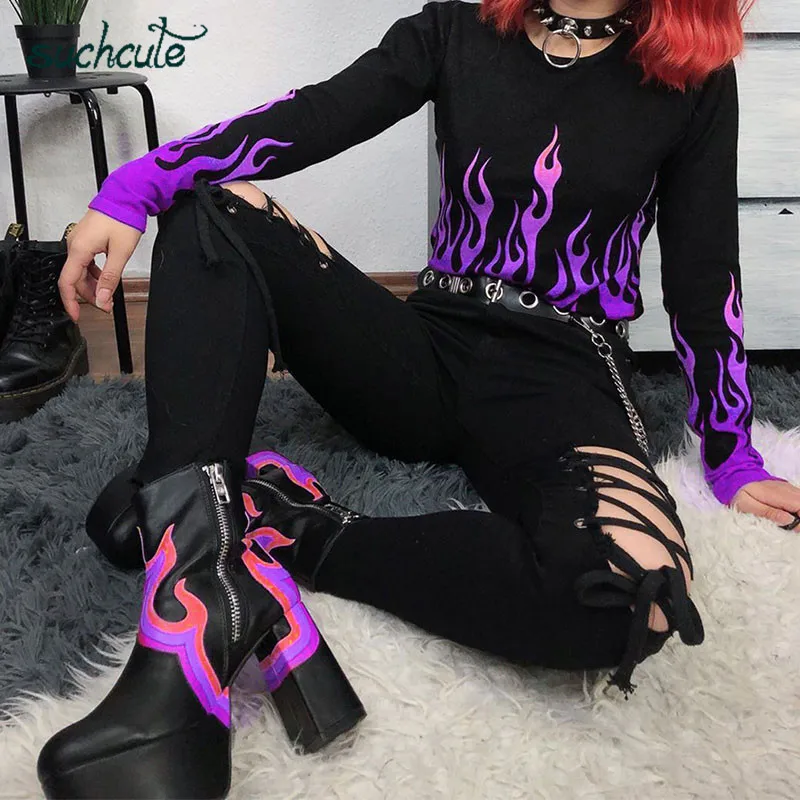 SUCHCUTE Black Femlae Футболка с принтом пламени Готическая длинная рубашка Modis Повседневная Harajuku Осень корейский стиль Женские топы