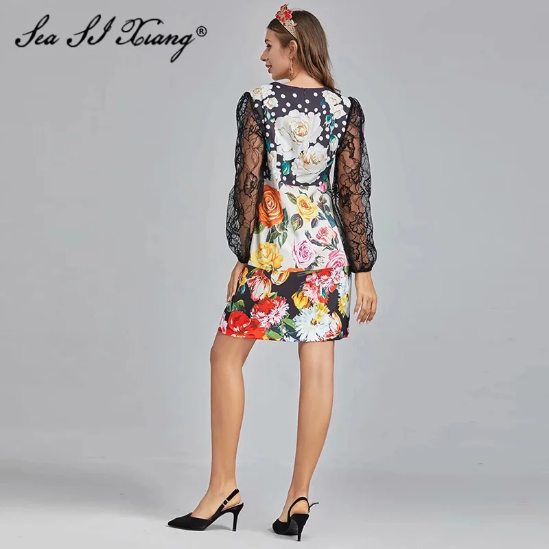 

Seasixiang Fashion Designer Spring Dress Women Lace Long Sleeve Rose Flower Print O-Neck Dresses