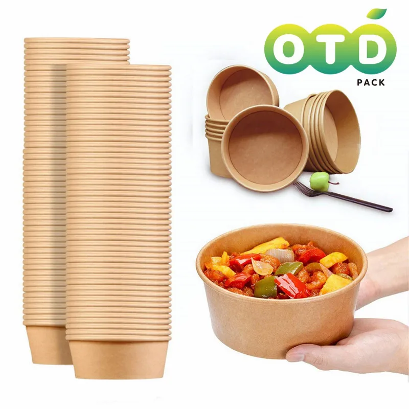 

Kraft Paper Salad Bowl with Lid Disposable Meal Prep Container Take Out Food Bowl Sturdy Eco-Friendly