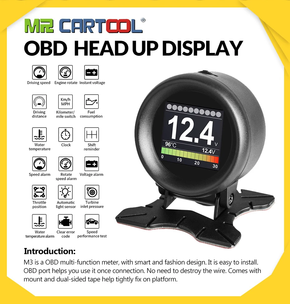 MR CARTOOL M3 автомобильный OBD2 HUD Дисплей gps Спидометр превышение Предупреждение датчик температуры воды масла цифровой OBD2 диагностический инструмент
