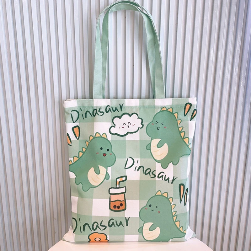 

Cute Bubble Milk Tea Dinosaur Shopper Bag With Zipper Bear Canvas Shopping Bags Reusable Tote Handbag Kids School Shoulder Bag