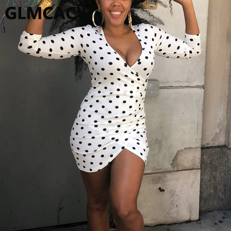 

Women Long Sleeve V Neck Mini Dress Polka Dot Printed Slim Party Club Bodycon Dresses