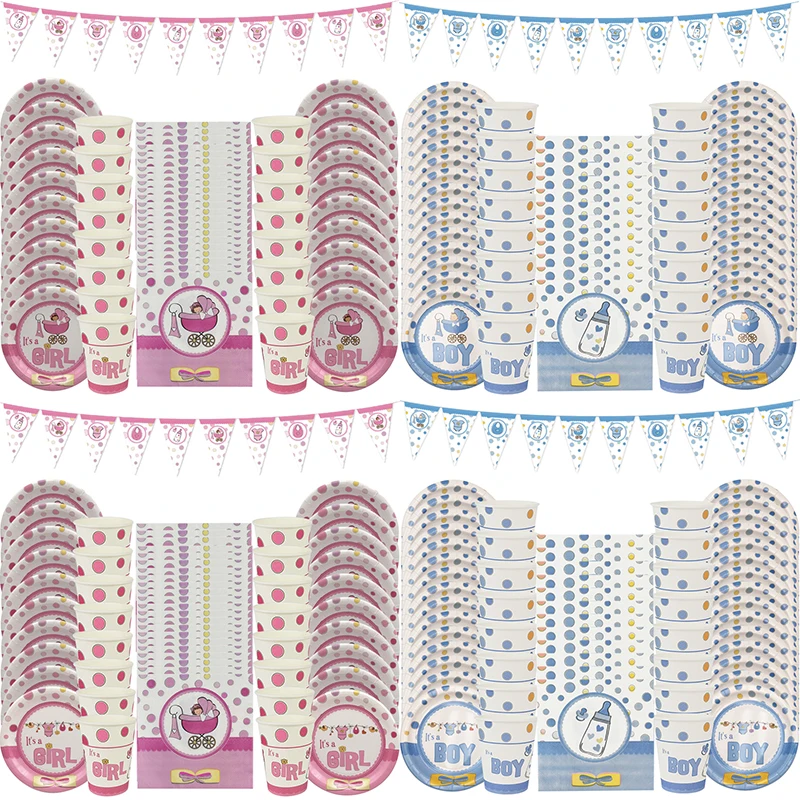 

25Pcs Christening Baptism Boy or Girls Baby Shower Party Decorations Gender Reveal it is a Boy/Girl Disposable Tableware Set