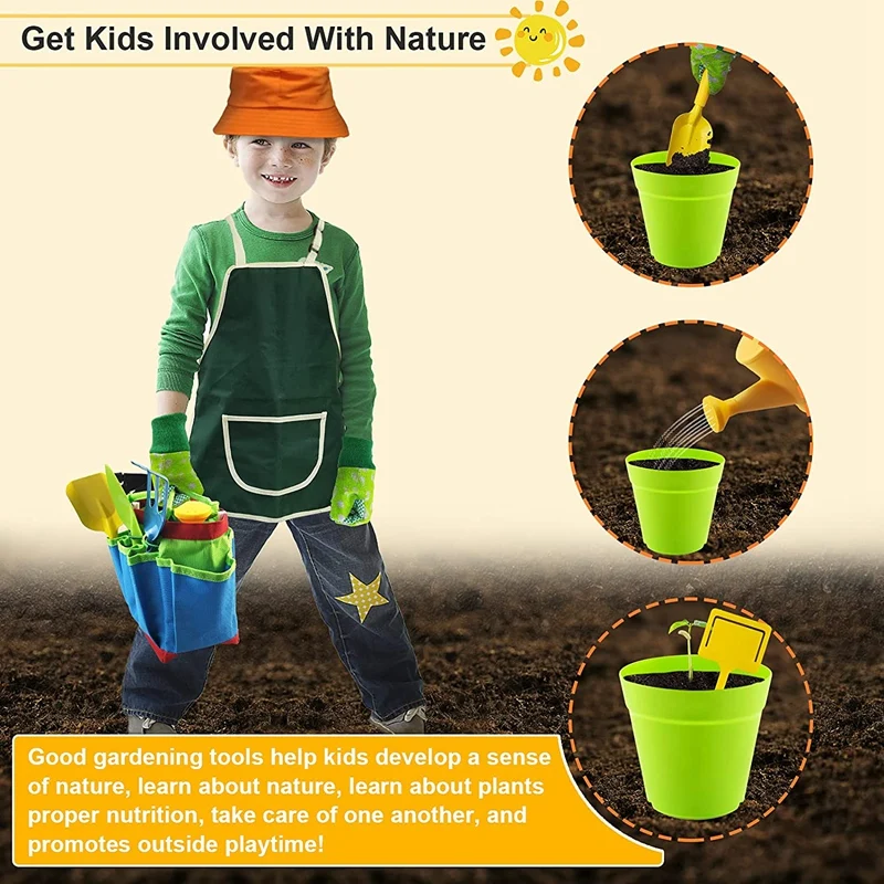 

11PCS Children'S Gardening Tools Kit with Apron,Hat,Tote Bag,Gloves, Rake,Shovel,Trowel,Spray Bottle,Pots and Tag