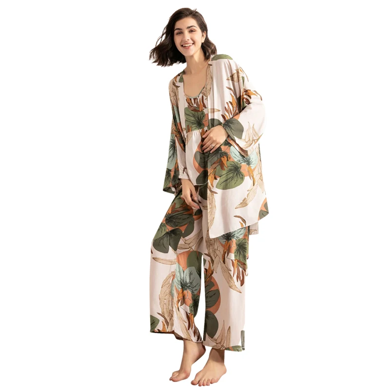 

2021 New 3 piece pyjamas sets women cotton long sleeve shirts pyjamas Loose Plus Size pants sleepwear spring Female Homewear