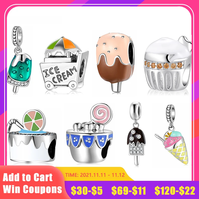 

New 925 Sterling Silver Fashion Ice cream dessert cart DIY beads Fit Original Women Charm Bracelet Jewelry making Accessories