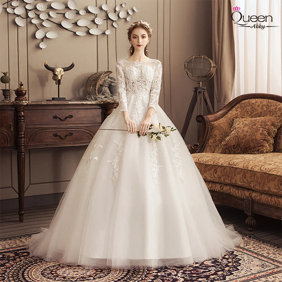 С длинным рукавом Кружева свадебное платье Новая осень вышивка Совок Часовня