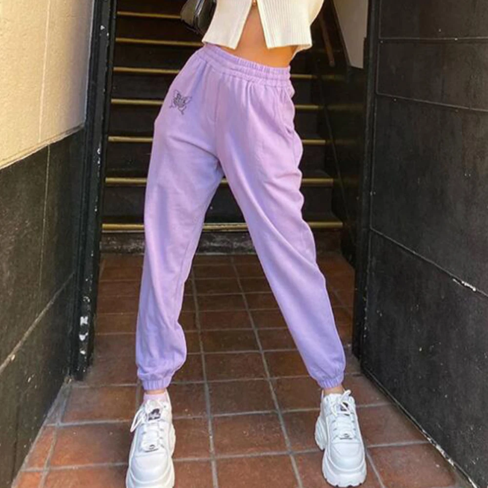 Брюки женские с вышивкой и высокой талией фиолетовые в Корейском стиле|Брюки| |