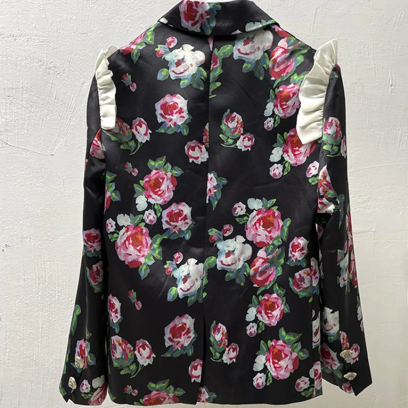 Fall Winter Street Retro Rose Print Designer Fashion Black Jacket Women Loose Long Sleeve Ruffles Patchwork Coat Brand Clothes |