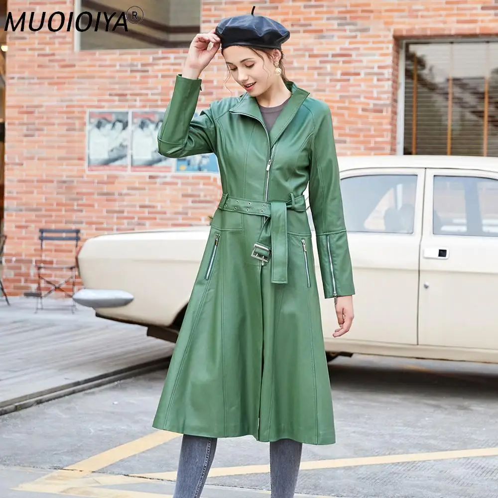 

Женский длинный жакет из натуральной овечьей кожи, элегантное Брендовое офисное пальто с поясом для осени и зимы